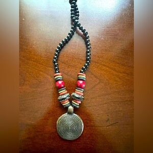 Brass pendant, red & black beads necklace